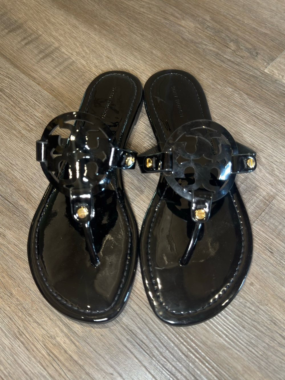 Tory Burch Miller Black Patent Leather Logo Sandals